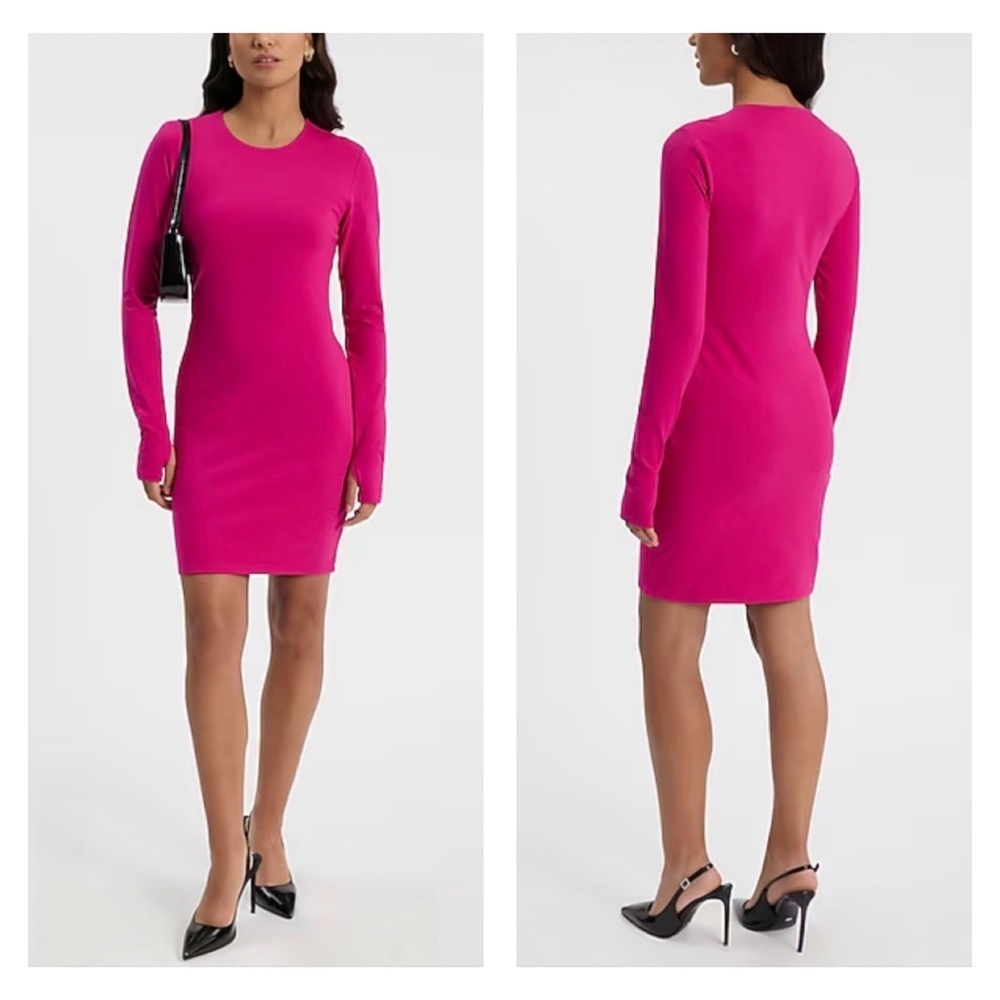 Express Crew Neck Bodycon Compression Long Sleeve Mini Knit Pink Dress S NWT $78